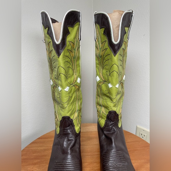Nocona Cowboy Western Boots Brown Green Mocha Chartreuse Leather Flame 8 1/2B - Picture 6 of 16